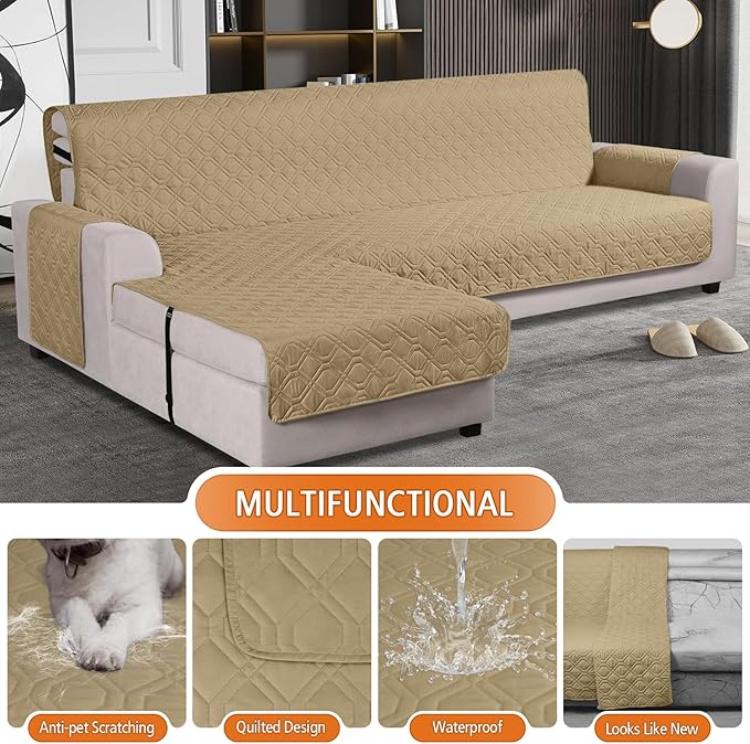 VANSOFY Upgraded Sectional Couch Covers 100% Waterproof L Shaped Sofa Slipcover Reversible Chaise Lounge Cover for Sectional Sofa Furniture Protector Cover for Pets Dog Cat(Large, Sand)