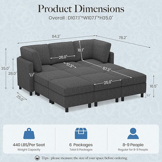 Belffin 84.3" 9 Seats Sleeper Sofa Modular Sectional Sofa Washable Sectional Couches for Living Room Comfy Couches with Storage Seat Couch Sofas with Chaise,Dark Grey