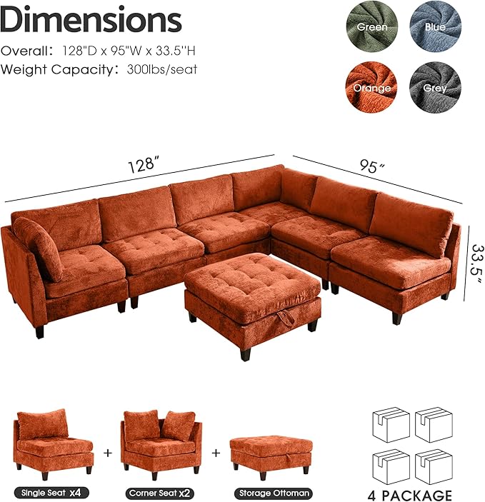 Luxe Oversized Modular Sectional Sofa Set，Modern Chenille Comfy Sectional Cloud Couch for Living Room (6-Seater + 1*Ottoman, Orange)