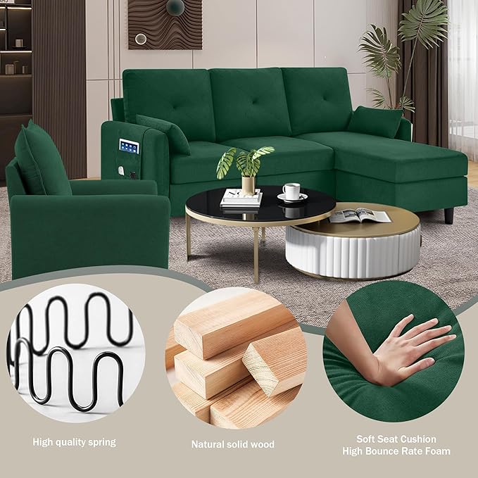 Convertible Sectional Sofa, 77" Small L Shaped 3 Seat Couch with Reversible Storage Chaise, and Accent Chair Set Modern Polyester Fabric Sofa Couches for Living Room, Apartment, Green