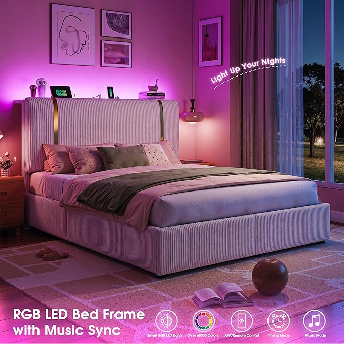 Homkdom Full Size Bed Frame with Adjustable Headboard Soft Upholstered Bed Frame Full with 6 Storage Drawers, LED Light & Charging Station,Noise Free,No Box Spring Needed,Modern,Beige
