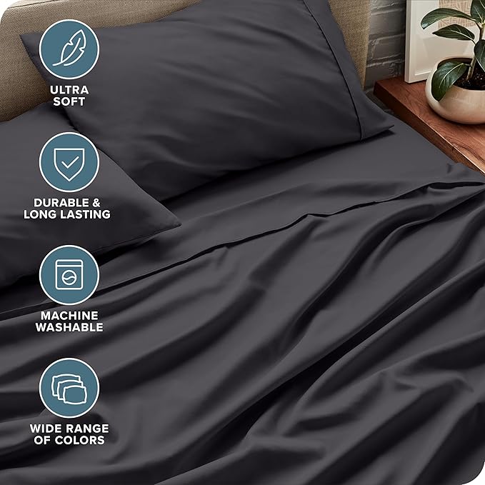 Bare Home Short Queen Sheet Set - 1800 Ultra-Soft Microfiber Bed Sheets - Double Brushed - Deep Pockets - Easy Fit - 4 Piece Set - Bedding Sheets & Pillowcases (Short Queen, Forged Iron Grey)