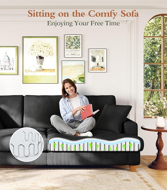 Kidirect 87in U Shaped Couch, Modular Sofa No Tool Assembly, Comfy Sectional Couches for Living Room 21in Deeper Seats, Corduroy Sofas for Living Room with 2 Pillows, Loveseat Sofa Set, Black Couch | Comfy Corduroy, Oversized 87in Couch, 850LB Tough, T...