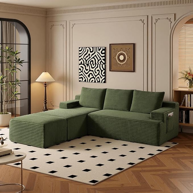 96" Sectional Couches for Living Room Cloud Couch Sofa with L-Shape Upholstered Boneless Couchs Modern Modular Sectional Couch with Chaise (Green, 96" W+Left Facing Chaise+2Seaters+Ottoman)