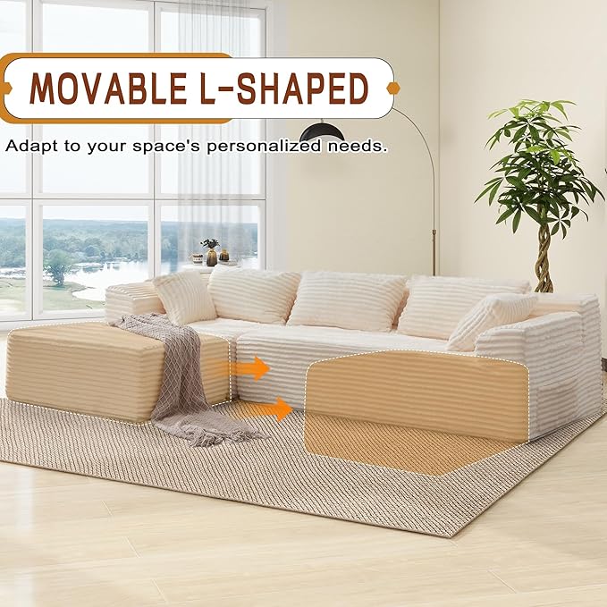 110" L-Shaped Modular Sectional Sofa with Chaise, Boneless Comfy Corduroy Fluffy Couch with Deep Seat and Side Pockets, Flexible Module Combination for Living Room, No Assembly, Side Pockets