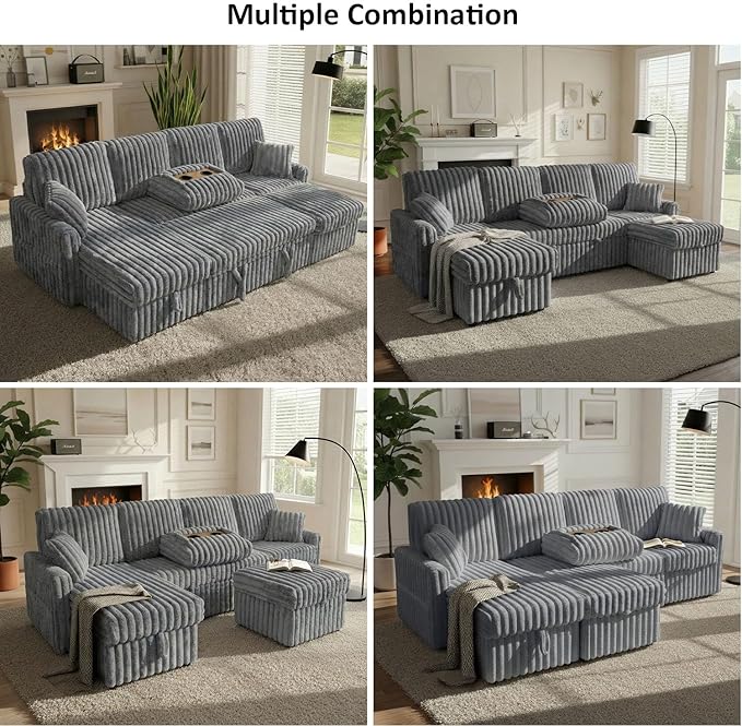 104" U Shaped Sleeper Sofa Bed, Sectional Couches for Living Room, Plush Corduroy Pull Out Couch Bed with Storage, Modular Sectional Couch with Charging Station, Cup Holder, Side Pocket, Light Grey