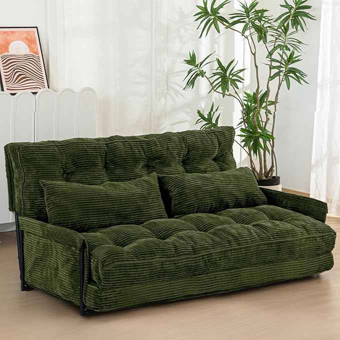 MAXYOYO Adjustable Floor Sofa Couch with 2 Pillows, Multi-Functional Bean Bag Bed, 5-Position Foldable Lazy Sofa Sleeper Bed with Armrest, Versatile Floor Seating for Reading, Dark Green, Double