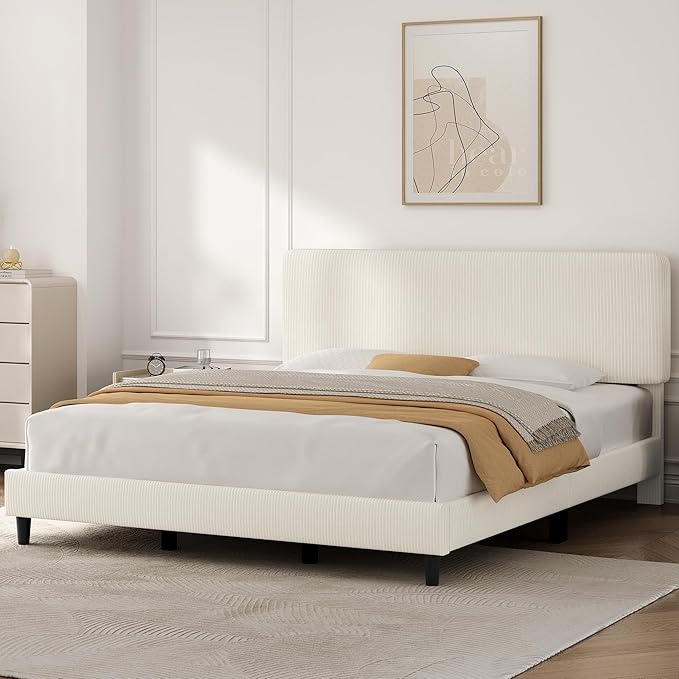 Yaheetech King Bed Frames with Adjustable Headboard, Chenille Fabric Upholstered Headboard/Platform Bed, King Size Bed Frame No Box Spring Needed/Wood Slats Support/Easy Assembly/Beige