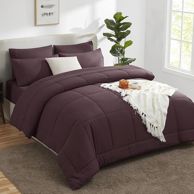 CozyLux Full Size Comforter Set Cocoa Powder, 7 Pieces Bed in a Bag, Brown Comforter Full Size, All Season Bedding Sets with Stitch Quilted Comforter, Flat Sheet, Fitted Sheet, Pillowcases