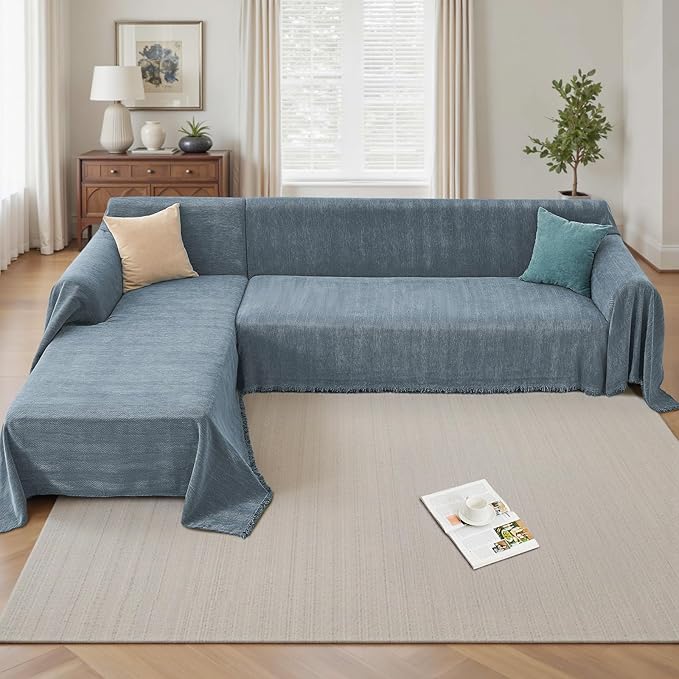 Sectional Couch Covers 2 Pieces, Chenille L Shaped Couch Cover Blanket for Sectional Sofa with Herringbone Pattern Washable Sofa Slipcovers (X-Large: 71" x 110" + 71" x 118", Blue)