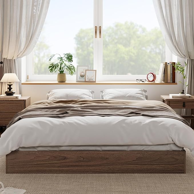 Wood Platform Bed with Sturdy Wooden Slats, King Size Floor-Standing Bed Frame, Modern Minimalist Design Bed Frame, No Box Spring Needed, Easy Assembly