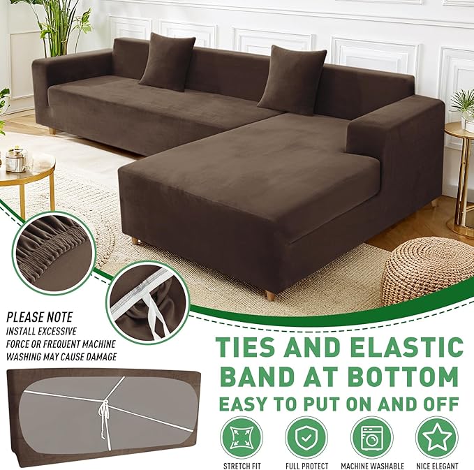 ZNSAYOTX 2026 Soft Velvet Sectional Couch Covers, Luxury Plush Slipcovers with Elastic Bottom for L Shape Sectional Sofa, 2 Pcs Pet Friendly Protector (3 Seat Couch + 2 Seat Chaise, Dark Coffee)