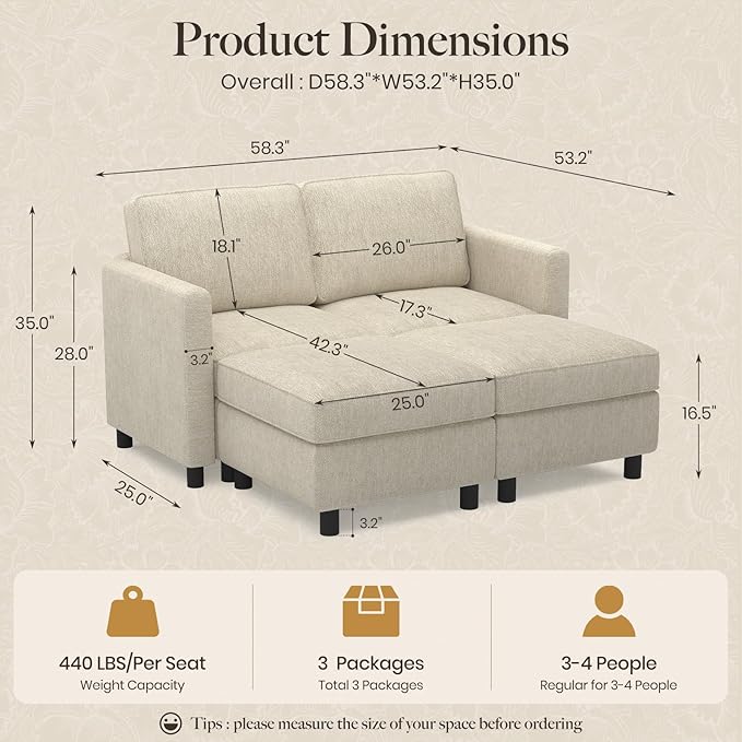 Belffin 58.3" Modular Sectional Sofa 4 Seats Sleeper Sofa Washable Sectional Couches for Living Room Comfy Couches with Storage Seat Couch Sofas with Chaise,Beige
