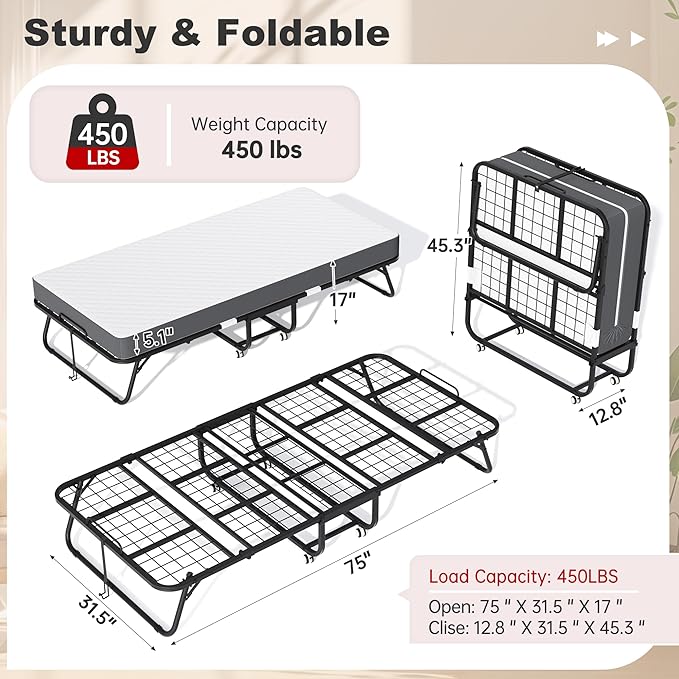 Superday Folding Bed with Mattress, 75” x 31” Portable Rollaway Bed, Twin Foldable Bed with 5" Mattress, Roll Away Beds for Adults, Fold up Beds for Guest Room&Small Apartment, Twin Size,Cot Size