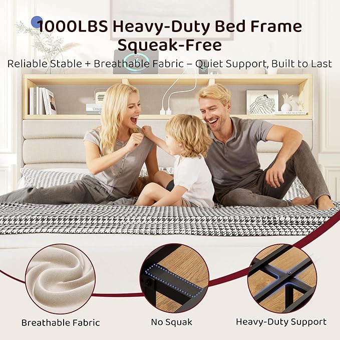 BRELTAM Queen Size Bed Frame with 6 Storage Drawers, Linen Upholstered Platform Bed with Charging Station,2-Tier Wave-Shaped Headboard Design,No Box Spring Needed,Easy Assembly,Beige