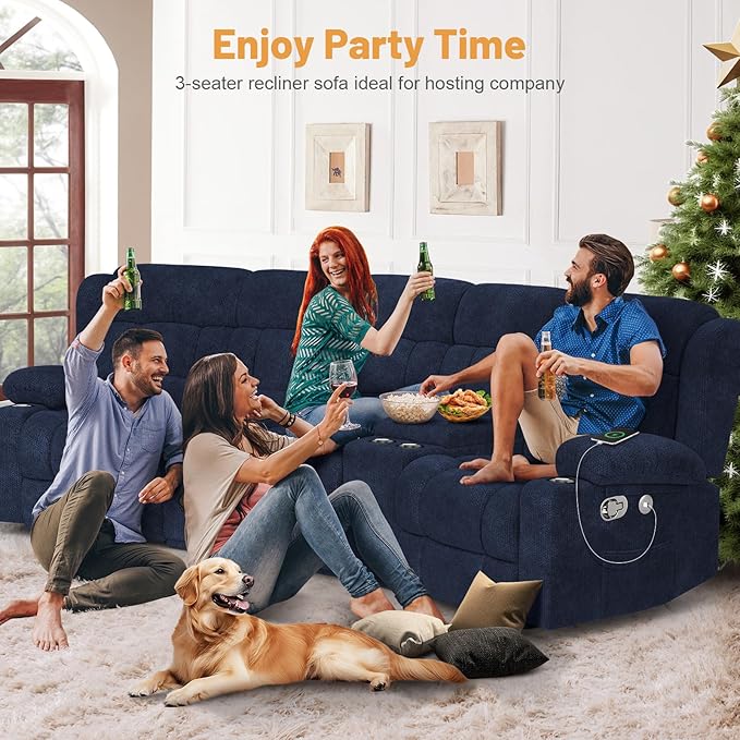 Recliner Sofa Set with Storage Console, Flip Middle Backrest Design 3 Seater Reclining Sofa and Single Recliner Chair, Manual Couches for Living Room (Blue, 3 Seat+Console+1)