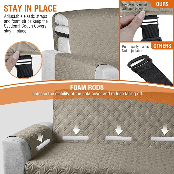 VANSOFY Sectional Couch Covers 100% Waterproof L Shaped Sofa Slipcover 3pcs Reversible Chaise Lounge Cover for Sectional Sofa Furniture Protector Cover for Pets Cat Dog(Small, Khaki)