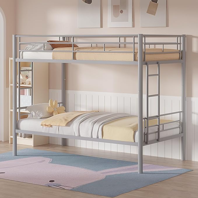 VECELO Bunk Bed Twin Over Twin, Metal Bunkbeds with Ladder and Full-Length Guardrail, No Box Spring Needed, Space Saving, Noise Free, Grey