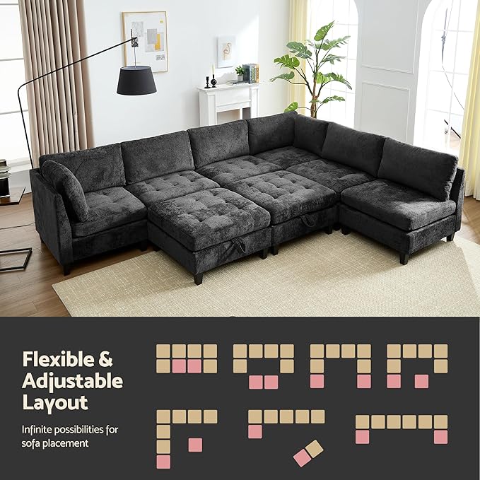 Luxe Oversized Modular Sectional Sofa, Modern Chenille Convertible Sleeper Sofa with Storage Ottoman, Comfy Deep Seat U-Shaped Cloud Couch for Living Room（Dark Grey，6-Seater + 2 * Ottoman + Tea Tray）