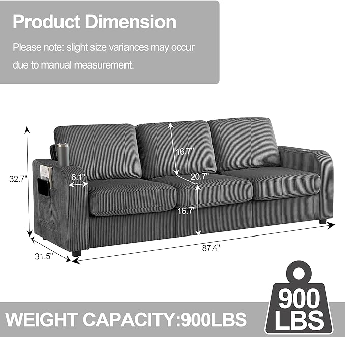 87.4" Oversized 3 Seater Couch,Upholstered Sofa for Living Room,Modern Deep Seat Comfy Love Seat Couch with Cup Holders,Corduroy Loveseat Sofa (Grey)
