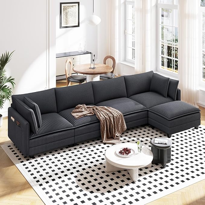 Vesgantti 143" L Shaped Modular Sectional Couch, Comfy Corduroy Upholstered Cloud Couches for Living Room, Modern 3 Seater Sofa with Movable Ottoman & Throw Pillows, Dark Grey