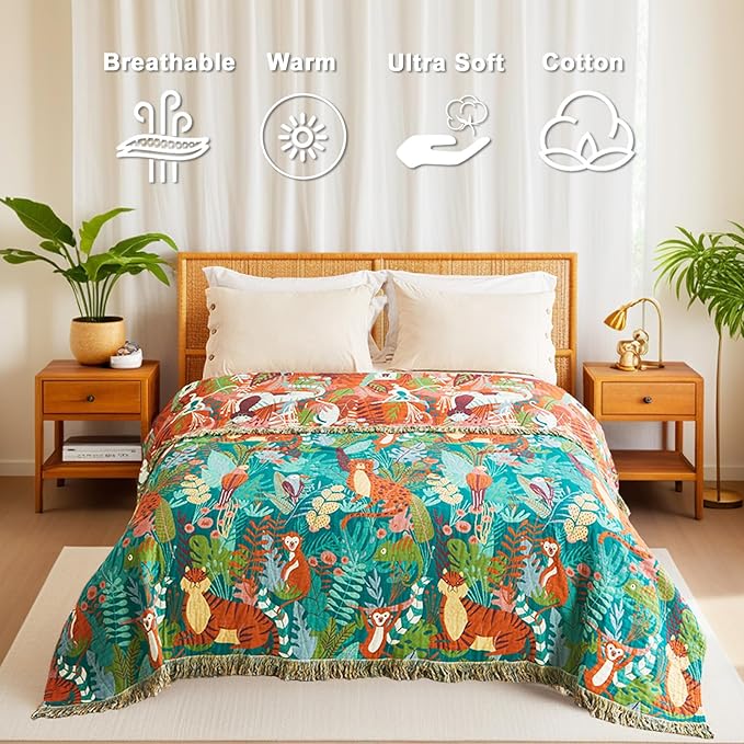 LUTBM Throw Blanket for Bed Couch Sofa Soft Cotton Twin Spring Blankets for Bedroom Living Room All Season Reversible Forest Animals Embroidery Lightweight Quilt Whimsical Home Decor 60"x80"
