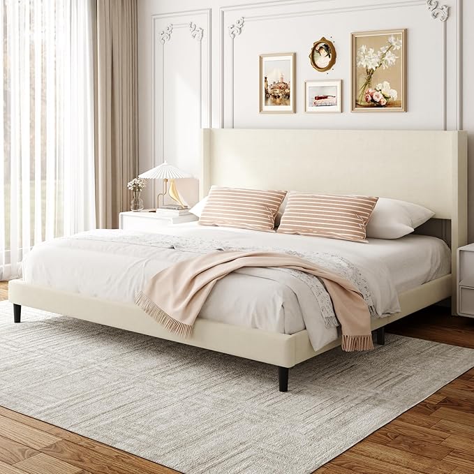 Sismplly King Bed Frame with Wingback Headboard, Velvet Upholstered Platform Bed with Wooden Slats, 6.46“ Under Bed Storage, Metal Support, Noise Free, No Box Spring Needed, Beige