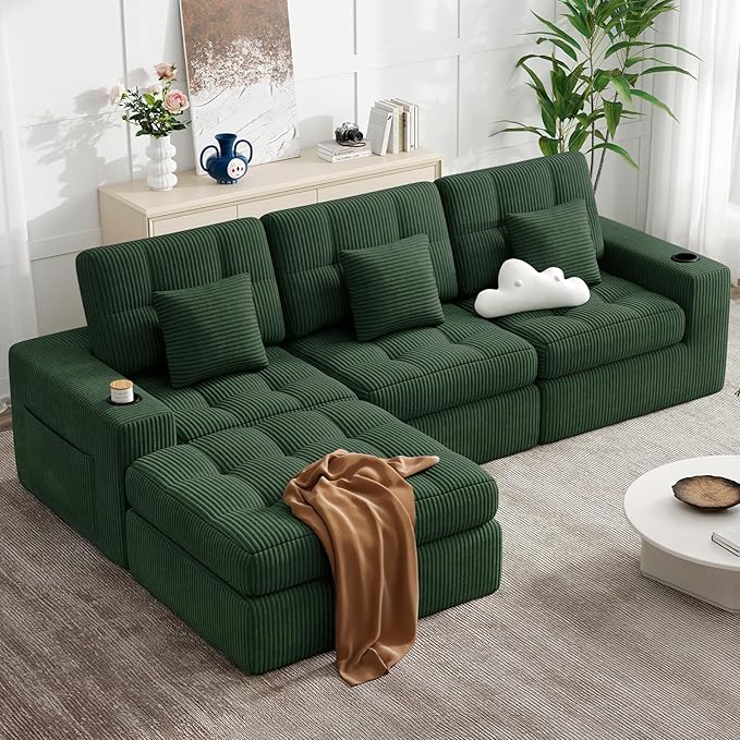 112" L Shaped Cloud Boneless Couch,Modern Modular Sectional Sofa with Layered Cushion,No Assembly Convertible Corduroy Couches for Living Room,Green 1 PCS