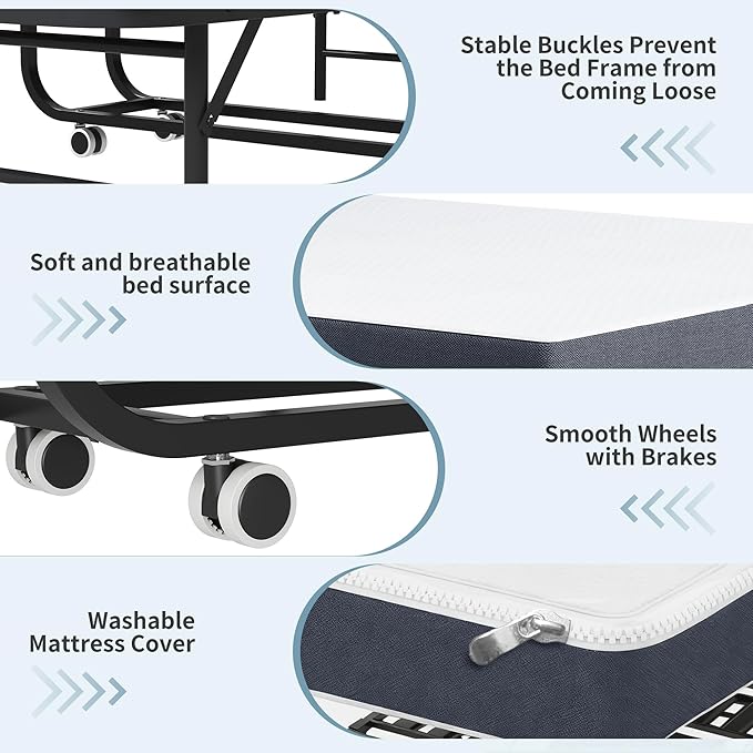 Folding Bed, 74"x31" Portable Beds for Adults, Heavy Duty Sturdy Metal Frame, Foldable Bed on Wheels for Twin Size, Space Saving Rollaway Bed for Guest, Easy Storage with Side Storage Pocket