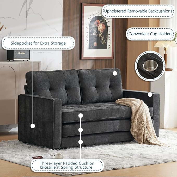 VINGLI Upgraded 64" W 84" L Full Size Futon Sofa Bed, 6" Thick Upholstery Chenille Loveseat Sofa Sleeper Pull Out Couch,Convertible Floor Couch for Living Room, Bedroom, Entertainment Room, Dark Grey