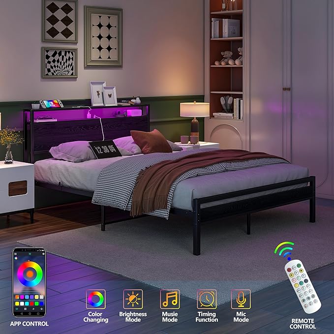BOFENG Queen Bed Frame with Storage Headboard/LED Lights,Metal Platform Bed Frame with Charging Station,Bed Frame Queen Size with Storage,No Box Spring Needed,Noise Free,Black