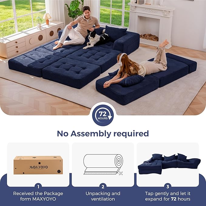 MAXYOYO Modular Sectional Sofa Couch, Foldable L-Shaped Folding Sofa Bed with Ottoman, Convertible Sectional Couch Corded Tufted Floor Sofa Lounger with Pillows for Living Room, No Assembly, Navy