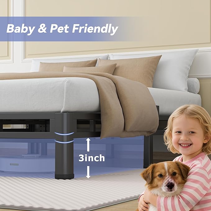 NKZ 7 Inch Queen Size Bed Frame, Metal Bed Frame & Box Spring 2 in 1 Platform with Round Corner Legs, 4000Lbs Heavy Duty Low-Profile Frame, Mattress Slide Stopper, Noise-Free, Easy Assembly