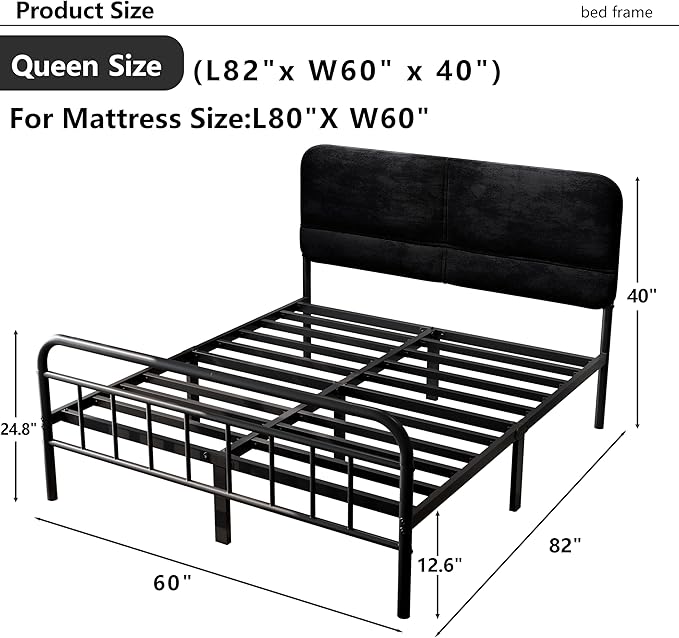 14Inch Metal Bed Frame,Queen Size Bed Frame with Upholstered Headboard,Heavy Duty Sturdy Mattress Foundation,Easy Assembly,No Box Spring Needed,Black-Queen