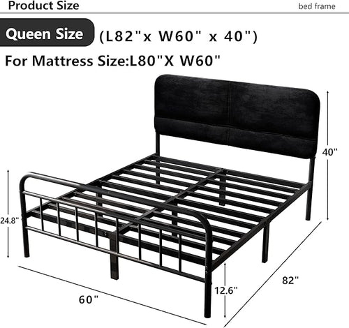14Inch Metal Bed Frame,Queen Size Bed Frame with Upholstered Headboard,Heavy Duty Sturdy Mattress Foundation,Easy Assembly,No Box Spring Needed,Black-Queen