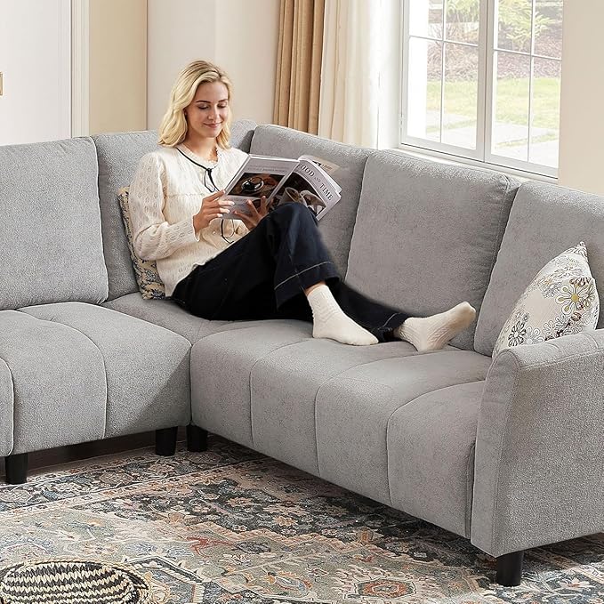 Convertible Sectional Sofa Couch, 102" L Shaped Couch with Back Cushions, Modern Upholstered Fabric 6-Seat Reversible Sofa Set for Living Room, Apartment, Office, Light Grey