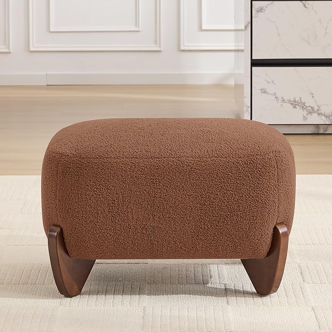 28.7" Sherpa Boucle Ottoman with Solid Wood Legs, Modern Upholstered Footstool, Comfy Ottoman for Living Room, Bedroom, Caramel