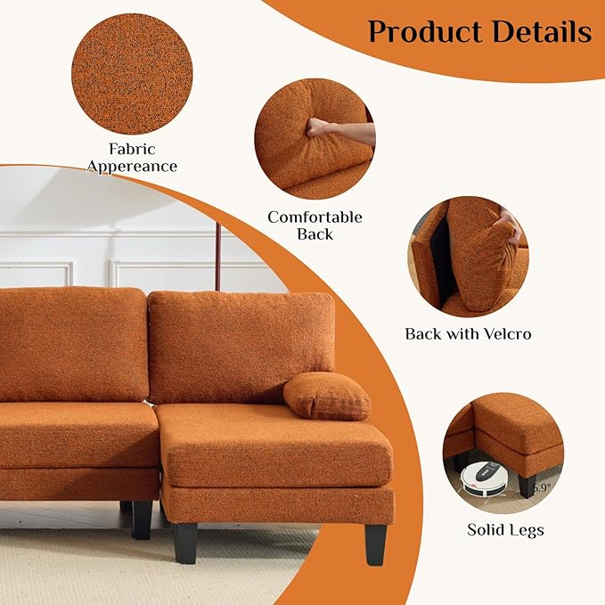 Karl home 110" U-Shape Sectional Couches for Living Room Chenille Upholstery 4 Seat Sofa Set with Double Chaises & Wood Grain Legs for Apartment, Orange