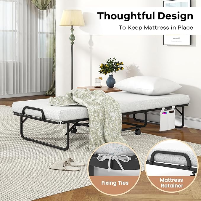 Giantex Folding Bed with Mattress and Top Pillow, Cot Portable Guest Bed w/Metal Frame, Storage Pocket & Cover, Space-Saving Rollaway Bed with Memory Foam Mattress for Adults, 75" x 31"