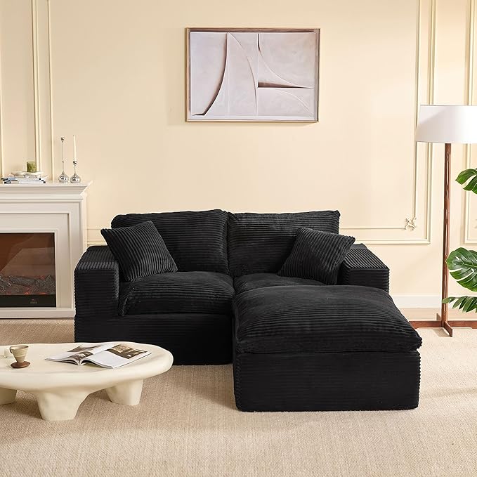 74.8” Set of Cloud Couch, Modular Loveseat Sofa, Convertible Sofas Bed, Deep Seat Sofa, Cozy Sofa for Living Room, Office and Bedroom, L Shaped Cozy Sofa Furniture Set, Corduroy, Black