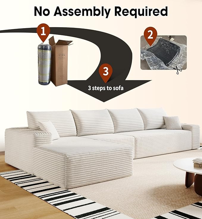 136" Sectional Couches for Living Room Cloud Couch Sofa with L-Shape Upholstered Boneless Couchs Modern Modular Sectional Couch with Chaise (White, 136" Left Facing Chaise+3Seaters)