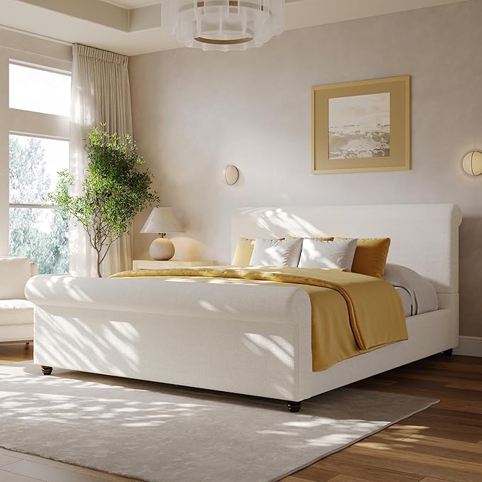 Christopher Knight Home Chenzi Linen Upholstered Queen Bed Frame with Headboard and Footboard, Wooden Platform Queen Size Bed Frame and Double-Layer Oval Legs, No Box Spring Needed, White