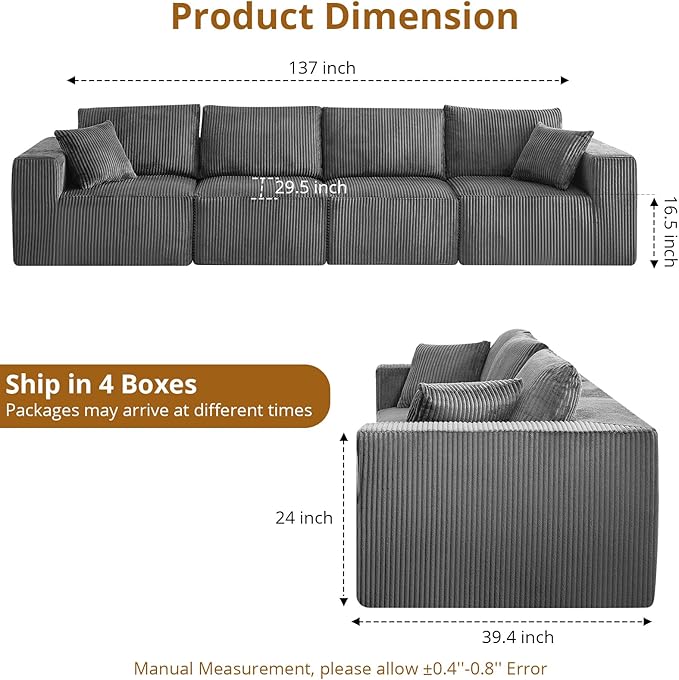 Sectional Cloud Boneless Couch 137" Modern Comfy Linear Straight No Assembly Required Convertible Compression Sleeper Modular Sofa with Corduroy Fabric 4 Deep Seat Single for Living Room