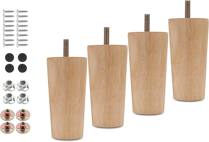 4pcs 4 Inch Wood Furniture Legs, Straight Conical Solid Wood Sofa Legs, Mid-Century Style Furniture Feet for Sofa Cabinet Table Cupboard Couch Ottoman Home DIY Projects
