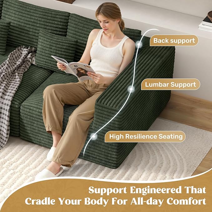 110" Modular Sectional Sofa Couches, Cloud Couches for Living Room, Boneless Sofa with Deep Seat,L-Shape Couch with Chaise,No Assembly Required,Green,1 PCS