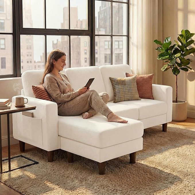 YESHOMY L-Shaped Sofa Couch, Small Couch with Reversible Chaise and Ottoman, Convertible Sectional Comfy 3 Seat Sofas with Side Pockets for Apartment and Living Room (Beige)