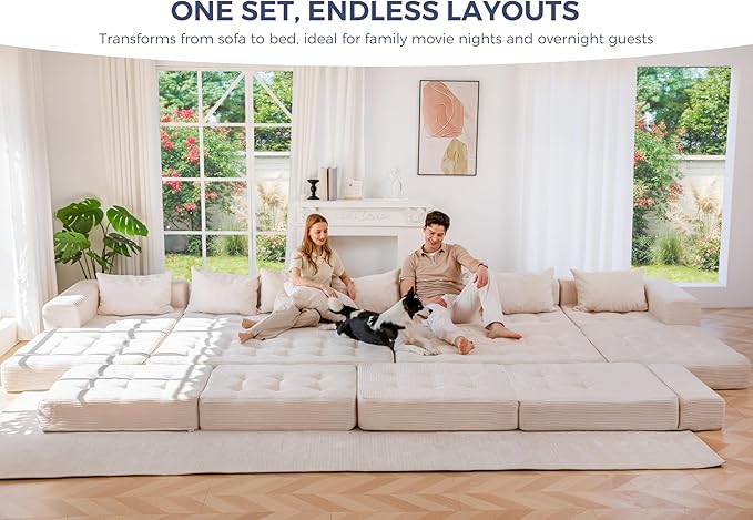 MAXYOYO Modular Sectional Sofa Couch, Foldable Oversized U Shaped Cloud Couch with Pillows, Tufted Boneless Sleeper Lounger Floor Sofa Bed for Living Room, No Assembly Required, Beige