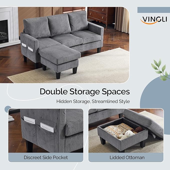 VINGLI 68.5' L Shaped Couch with Removable Storage Ottoman, Convertible Sectional Sofa in Corduroy Fabric, Modern Reversible Chaise Couch for Small Spaces, Apartment, Living Room，Grey
