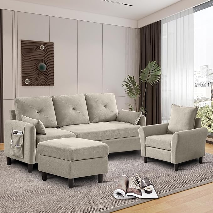 Convertible Sectional Sofa, 77" Small L Shaped 3 Seat Couch with Reversible Storage Chaise, and Accent Chair Set Modern Polyester Fabric Sofa Couches for Living Room, Apartment, Beige