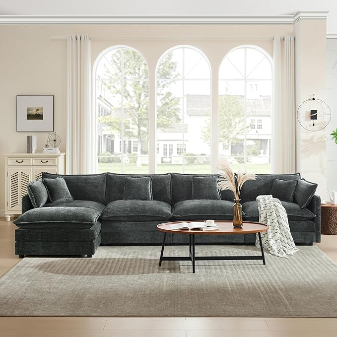 mikibama Modular Sectional Sofa, 146.5 Inch L Shaped Couch Set for Living Room, 4-Seater Comfy Cloud Couches with Movable Ottoman, DIY Combination, Chenille, Grey